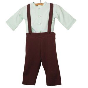 Vintage Homemade Dutch Baby Boy Outfit Set Green Shirt Brown Suspender Pant READ